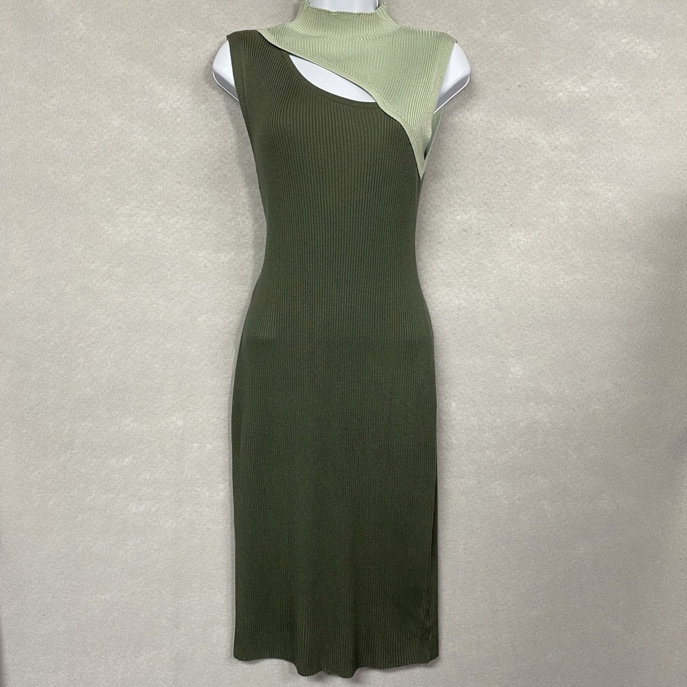 No Boundaries Women M Dress Green Y2K Style Cutout Chest Sleeveless Midi Ribbed